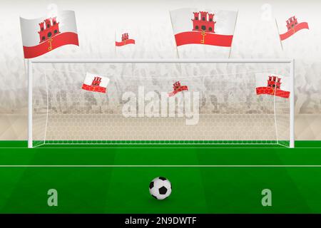 Les fans de l'équipe de football de Gibraltar avec des drapeaux de Gibraltar applaudissent au stade, le concept de penalty kick dans un match de football. Illustration de vecteur sportif. Illustration de Vecteur