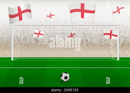 Les fans de l'équipe de football d'Angleterre avec drapeaux de l'Angleterre applaudissent au stade, le concept de penalty kick dans un match de football. Illustration de vecteur sportif. Illustration de Vecteur