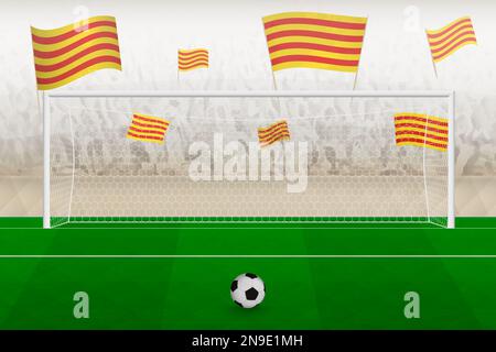 Les fans de l'équipe de football de Catalogne avec des drapeaux de Catalogne applaudissent au stade, le concept de penalty kick dans un match de football. Illustration de vecteur sportif. Illustration de Vecteur