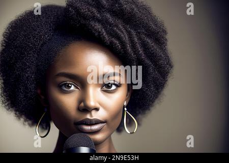 une femme heureuse journaliste africaine travaillant Banque D'Images