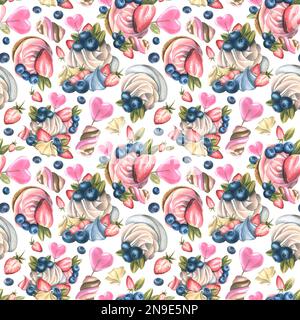 Divers petits gâteaux, gâteaux, guimauves, meringues, sucettes, bleuets et fraises. Illustration aquarelle. Motif sans couture sur un blanc Banque D'Images