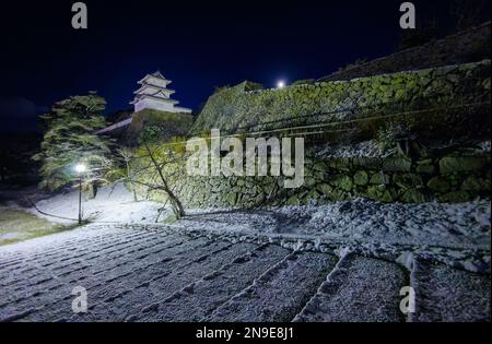 Le château japonais surplombe un mur de pierre et des marches enneigées la nuit d'hiver Banque D'Images