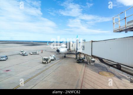 Puerto del Rosario, Espagne - 30 janvier 2023: L'aéroport de Fuerteventura, également connu sous le nom d'aéroport El Matorral, est un aéroport qui dessert l'île espagnole de Fu Banque D'Images