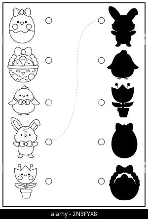 Activité de Pâques assortie à l'ombre noire et blanche avec de jolis symboles de vacances kawaii. Puzzle de reconnaissance de forme de ressort. Trouver la silhouette imprimable correcte W Illustration de Vecteur