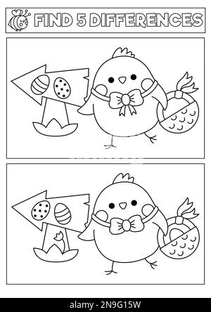 Le kawaii noir et blanc de Pâques trouve le jeu des différences. Page de coloriage avec le poulet mignon en chasse aux œufs avec le panier. Puzzle ou activité de vacances de printemps Illustration de Vecteur