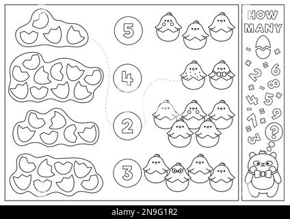 Jeu de Pâques noir et blanc assorti avec de mignons croches d'incubation kawaii et des coquilles d'œufs. Activité mathématique des fêtes de printemps pour les enfants. Table de comptage imprimable Illustration de Vecteur