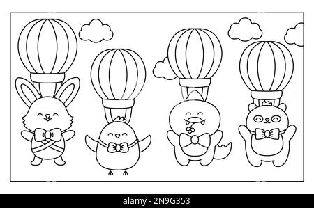 Vecteur noir et blanc kawaii scène de Pâques avec des animaux volant sur des ballons à air chaud dans le ciel. Illustration de la bande dessinée Spring Line. Décor ou couleur mignons Illustration de Vecteur
