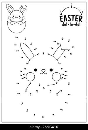 Vecteur Pâques point à point et couleur avec mignon lapin kawaii dans l'oeuf. Vacances de printemps connecter le jeu de points pour les enfants. Page de coloriage de jardin pour Illustration de Vecteur