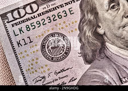 Benjamin Franklin figure sur la note $100 de la banque de la Réserve fédérale, 2023, États-Unis d'Amérique Banque D'Images