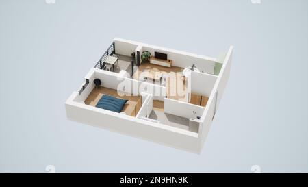 Illustration d'un appartement à une chambre, avec un plan de pièce de 3D images Banque D'Images