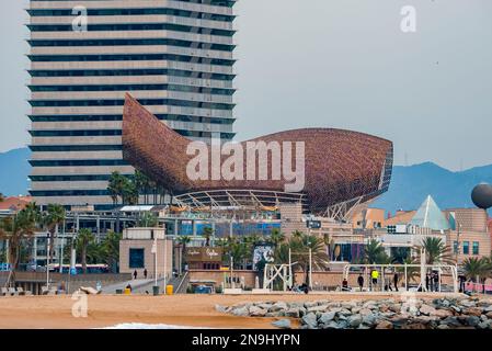 La sculpture de poissons d'or de Frank Gehry et ses bâtiments se trouvent en face d'une plage de sable et de rochers Banque D'Images