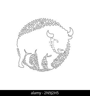Simple tourbillon ligne continue dessin de bisons à tête énorme avec deux cornes. Ligne continue dessin graphique dessin vectoriel style d'illustration de bisons énormes Illustration de Vecteur