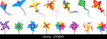Jouets à volant de vent, dessin animé coloré de jouet de moulin à vent. Enfants papier cerfs-volants, roue de couleur éléments amusants pour enfants. Jeux d'extérieur néoclassiques d'été Illustration de Vecteur