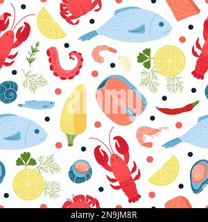 Motif de fruits de mer sans coutures. Caviar rouge noir, légumes et poisson. Plat de dessin animé salmote vol et homard. Restaurant, cuisine bon imprimé vectoriel Illustration de Vecteur