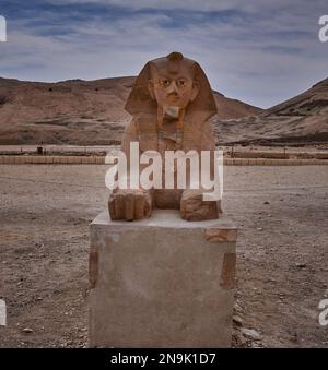 Sphinx de Hatshepsut à l'entrée du Temple de Hatshepsut . Ce sphinx colossal dépeint le pharaon femelle Hatshepsout avec le corps d'un lion et la tête humaine Banque D'Images