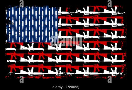 T-shirt guerrier américain avec drapeau américain et vecteur canon. Fusils d'assaut, fusils de sniper et forme de balle de l'illustration du vecteur du drapeau américain. Illustration de Vecteur