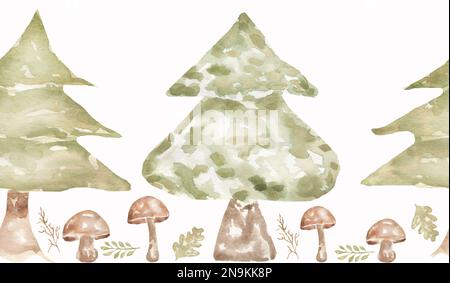 Aquarelle paysage de forêt mignon avec arbres de noël, pin et champignons, enfants sans couture motif, fond de nature pour le textile de pépinière, carte, bois Banque D'Images