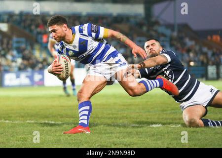 Featherstone, West Yorkshire, Royaume-Uni. 12 février 2023. *** Essayez Halifax pendant le match de championnat Betfred entre Featherstone Rovers et Halifax Panthers au Millennium Stadium, Featherstone, West Yorkshire, le 12 février 2023. Photo de Simon Hall. Utilisation éditoriale uniquement, licence requise pour une utilisation commerciale. Aucune utilisation dans les Paris, les jeux ou les publications d'un seul club/ligue/joueur. Crédit : UK Sports pics Ltd/Alay Live News Banque D'Images