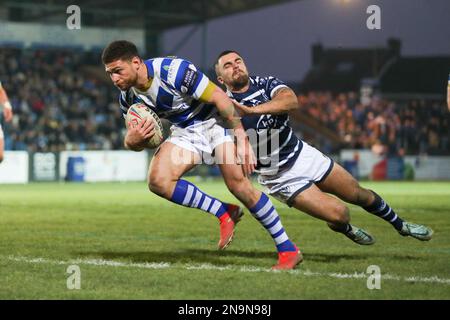 Featherstone, West Yorkshire, Royaume-Uni. 12 février 2023. *** Essayez Halifax pendant le match de championnat Betfred entre Featherstone Rovers et Halifax Panthers au Millennium Stadium, Featherstone, West Yorkshire, le 12 février 2023. Photo de Simon Hall. Utilisation éditoriale uniquement, licence requise pour une utilisation commerciale. Aucune utilisation dans les Paris, les jeux ou les publications d'un seul club/ligue/joueur. Crédit : UK Sports pics Ltd/Alay Live News Banque D'Images