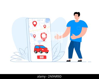 Un homme se tient près du smartphone, sur l'écran du partage de voiture et du service de location. Application mobile commandant une automobile. Illustration de Vecteur