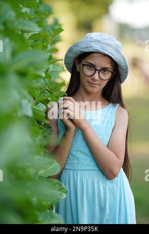 Une jolie petite fille en lunettes et une robe simple touche délicatement le feuillage vert. Mise au point sélective Banque D'Images