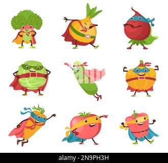 Super héros de légumes mignons. Caricature personnages drôles en costumes héroïques. Des fruits délicieux et puissants. Capes et masques. Brocoli volant et carotte Illustration de Vecteur