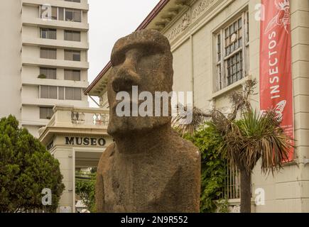 Valparaiso, Chili - 22 janvier 2023 : statue de l'île de Pâques devant le Museo Fonck de Valparaiso Banque D'Images