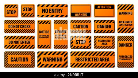 Divers panneaux d'avertissement noirs et orange avec lignes diagonales. Panneau attention, danger ou attention, signalisation du chantier. Panneau de signalisation réaliste Illustration de Vecteur