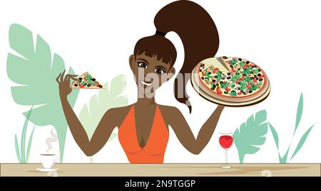 Une femme aux cheveux foncés tient une boîte de pizza délicieusement aromatisée. Le coulure coule. Illustration de Vecteur