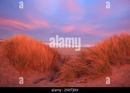 Lumière chaude du lever du soleil sur la plage de Bandon sur la côte de l'Oregon, vue depuis coquille River Light, États-Unis ; Oregon, États-Unis d'Amérique Banque D'Images