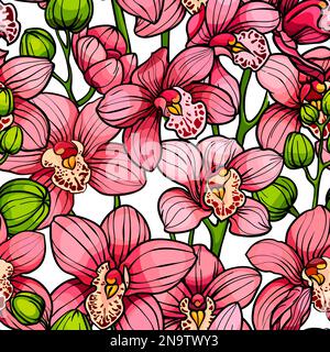 Orchidées roses, motif vectoriel sans couture. illustration dessinée à la main Banque D'Images
