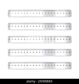 Différentes règles en métal brossé réalistes avec échelle de mesure et divisions, repères de mesure. Règle scolaire, échelle en centimètres pour la mesure de longueur Illustration de Vecteur