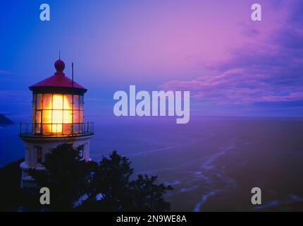 Heceta Head Light allumé au crépuscule sur la côte de l'Oregon dans le parc d'État de Heceta Head, États-Unis ; Oregon, États-Unis d'Amérique Banque D'Images