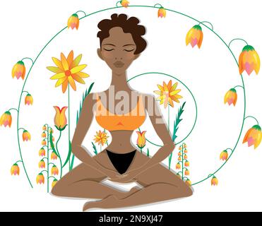 Une charmante jeune femme africaine est assise dans une posture à demi-lotus, méditant entourée de fleurs dorées. Illustration de Vecteur