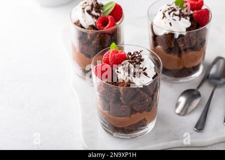 Trifle au chocolat ou parfait à la framboise, mousse au chocolat et crème fouettée Banque D'Images