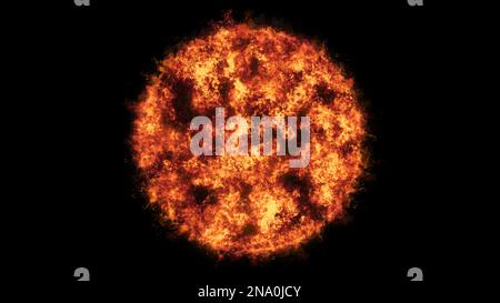 Illustration abstraite de l'explosion de boule de feu comme le soleil, isolée sur fond noir. Banque D'Images