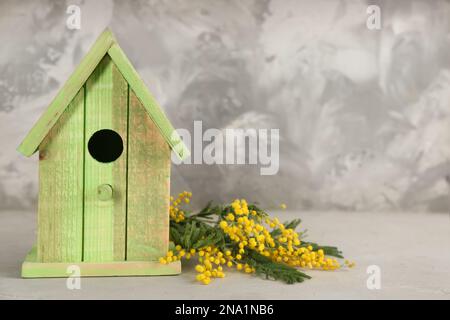 Belle maison d'oiseaux et fleurs mimosa sur table en pierre gris clair, espace pour le texte Banque D'Images