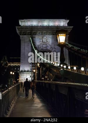 Le pont de la chaîne Szechenyi la nuit, pont suspendu sur le Danube; Budapest, Budapest, Hongrie Banque D'Images