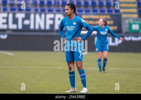 Sittard, pays-Bas. 12th févr. 2023. Sittard, pays-Bas, 10 février 2023: Esmee Brugts (7 PSV) en action pendant le match Azerion Eredivisiie Vrouwen entre Fortuna Sittard et PSV au Stadion Fortuna Sittard à Sittard, pays-Bas. (Leitting Gao/SPP) crédit: SPP Sport presse photo. /Alamy Live News Banque D'Images