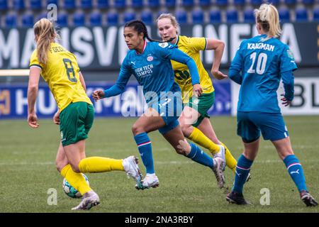 Sittard, pays-Bas. 12th févr. 2023. Sittard, pays-Bas, 10 février 2023: Esmee Brugts (7 PSV) en action pendant le match Azerion Eredivisiie Vrouwen entre Fortuna Sittard et PSV au Stadion Fortuna Sittard à Sittard, pays-Bas. (Leitting Gao/SPP) crédit: SPP Sport presse photo. /Alamy Live News Banque D'Images