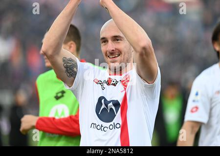 Stade Renato Dall'Ara, Bologne, Italie, 12 février 2023, Luca Caldirola (AC Monza) fêtez la victoire pendant le FC de Bologne contre AC Monza - football italien série A match Banque D'Images