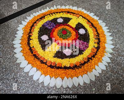 un tapis floral traditionnel appelé pookkalam fait avec des pétales de fleurs colorés sur le sol pour célébrer le festival indien appelé onam Banque D'Images