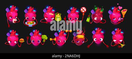 Caractère de coeur avec des aliments sains et malsains. Organe interne humain drôle heureux, triste, fort, malade, avec de l'alcool, burger, légumes et haltères, ensemble de dessins animés vectoriels Illustration de Vecteur