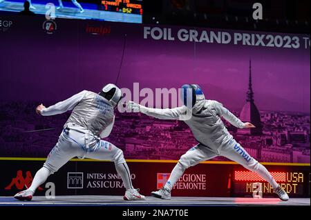 Turin, Italie, Italie. 12th févr. 2023. Italie, Turin 12 février 2023 Pala Alpitour.FOIL GRAND PRIX 2023 femmes et hommes trophée .INALPI À TURIN.semi- finale Man.Meinhardt Gerek (USA) Garozzo Daniele (ITA) 15-14 (Credit image: © Tonello Abozzi/Pacific Press via ZUMA Press Wire) USAGE ÉDITORIAL EXCLUSIF! Non destiné À un usage commercial ! Crédit : ZUMA Press, Inc./Alay Live News Banque D'Images