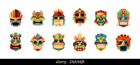 Masques tribaux. Têtes de dessin animé tiki et hawaïenne traditionnelle Polynésie africaine masking visage, ancienne tribu totemidols. Ensemble vectoriel isolé. Éléments religieux ou cérémoniels pour les visages Illustration de Vecteur