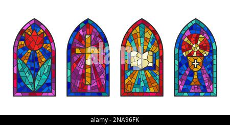 Fenêtres en verre de l'église. Mosaïques colorées cadres catholiques avec croix, livre et symboles religieux. Ensemble de vecteurs isolé sur fond blanc Illustration de Vecteur