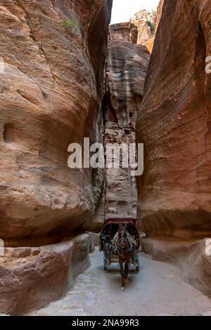 Un buggy tiré par des chevaux traverse le Siq sur l'ancien site de Petra en Jordanie. Le Siq est un canyon de 1,2 km de long avec des parois abruptes. Banque D'Images