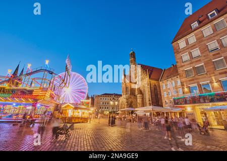 Nuremberg Main market and Frauenkirche at blue hour; Nuremberg, Franconia, Bavaria, Germany Stock Photo