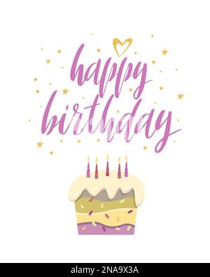 Joyeux anniversaire texte et gâteau avec bougies sur fond blanc. Carte de célébration, invitation, carte postale, bannière. Typographie de lettrage des fêtes Illustration de Vecteur