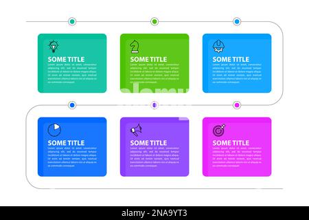 Modèle d'infographie avec icônes et 6 options ou étapes. Peut être utilisé pour la mise en page de flux de travail, le diagramme, la bannière, la conception Web. Illustration vectorielle Illustration de Vecteur